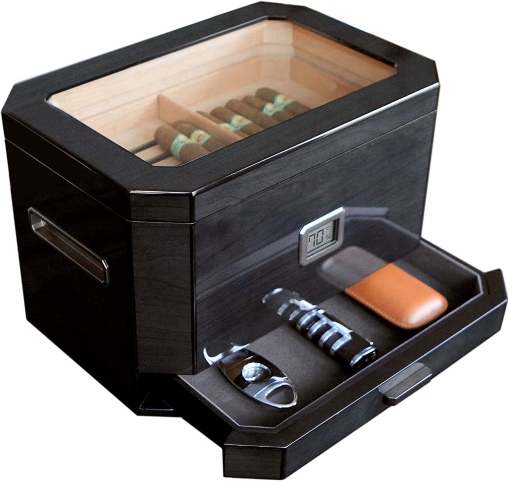 Octodor Large Black Glass Top Cedar Humidor The Humidor Depot